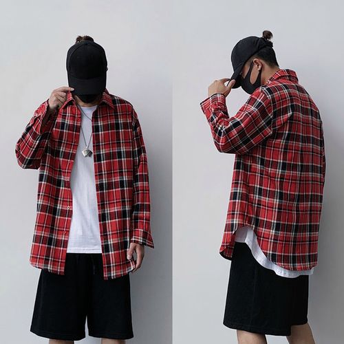 2020高街ins红黑格子衬衫oversize宽松圆弧下摆开叉长袖外套kanye