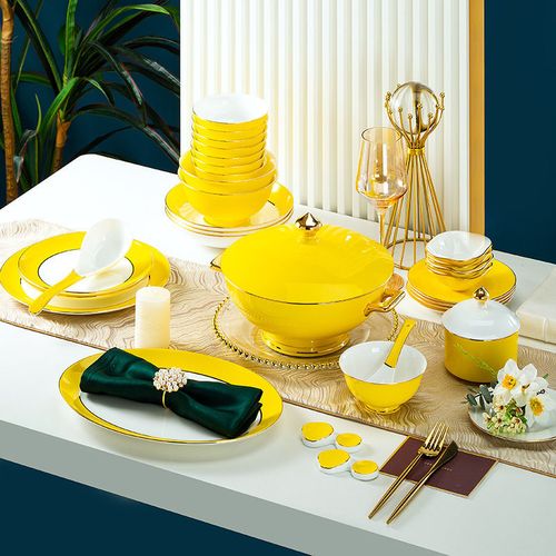 碗碟套装家用轻奢帝王黄骨瓷碗盘景德镇陶瓷餐具高档碟碗筷