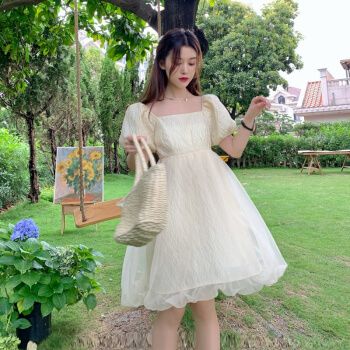 青春少女小个子甜美女生学生初恋小裙子夏季新款泡泡袖蓬蓬裙收腰显瘦