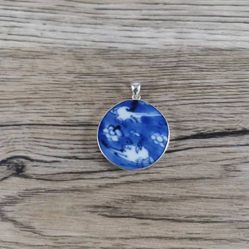 古瓷首饰 清康熙 吊坠 青花瓷 老瓷片  挂件 925银 尺寸34.5mm