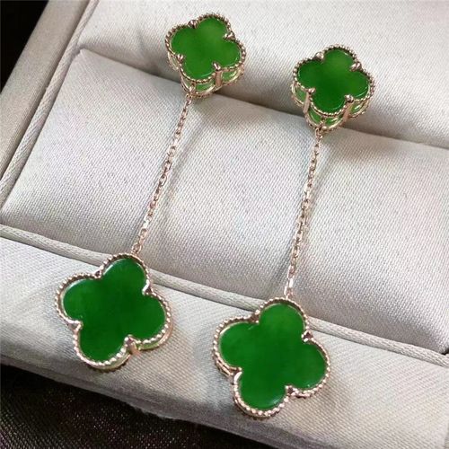 18k金镶嵌碧玉四叶草耳环耳坠饱满冰透鲜阳绿成色好精致漂亮