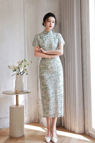 淡绿色素雅民国千金典雅旗袍真开襟碎花苎麻江南风轻熟甜美惊艳夏