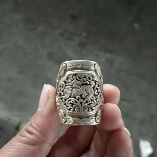 【精选好礼】古玩老货古董收藏仿古老银藏银苗银白铜财神戒指指环扳指