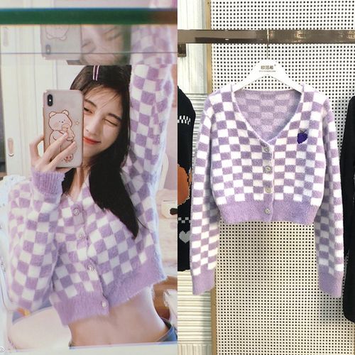 满月之下请相爱鞠婧祎同款衣服紫色格子针织开衫毛衣女短款上衣q