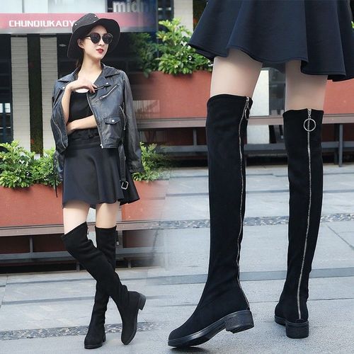 后拉链过膝长靴女秋季冬季平底弹力小辣椒长筒靴高筒皮靴长款靴子