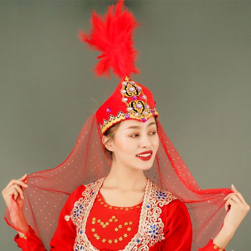 新疆舞蹈头饰2021年新款维族花帽广场舞哈萨克族带纱羽毛民族帽子