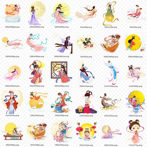 中国传统古典神话卡通嫦娥奔月手绘插画中秋节png透明图素材