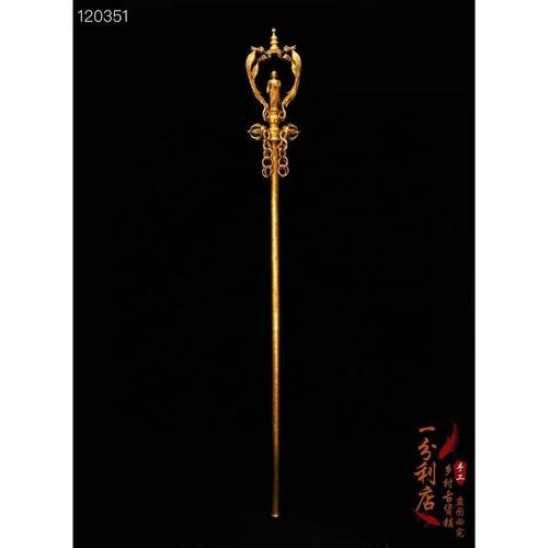 古玩西藏佛教实心金刚法器铜法杖纯铜鎏金地藏王菩萨禅杖