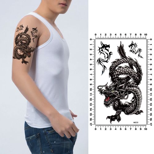 黑色大龙图腾纹身贴纸防水男持久胸背防汗超酷刺青贴手臂纹身
