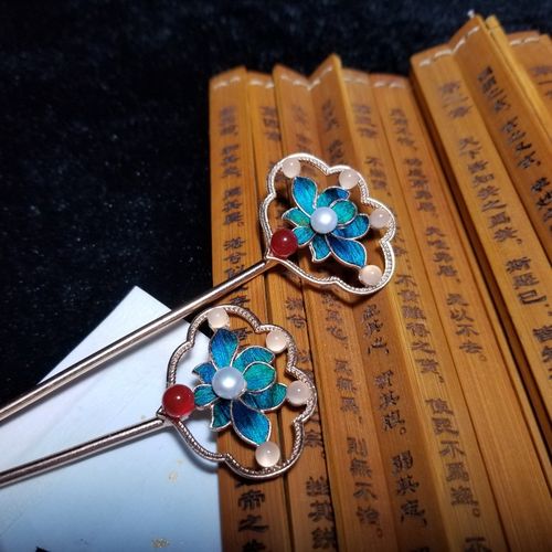 【柒香阁】手工制作 汉服配饰 之孔雀羽毛点翠如意莲花发簪 对簪