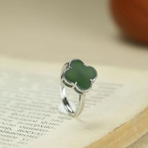 天然和田玉碧玉925银四叶草戒指 幸运草,好运连连