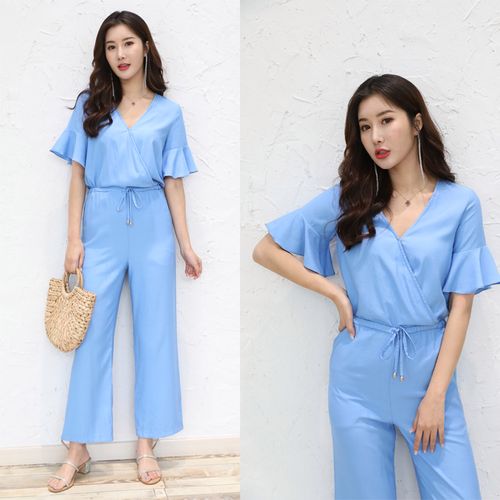 清仓 连体裤女夏阔腿长裤大码显瘦喇叭袖连衣裤连身抽绳休闲裤女