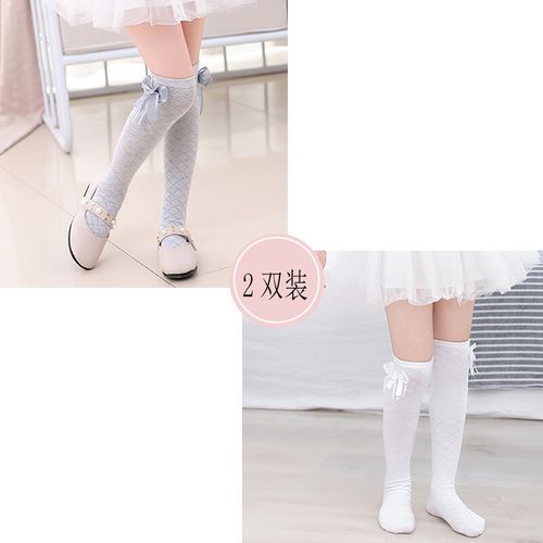 筒袜子薄棉质中大童半截桶袜 白 灰(蝴蝶结)>校服裙袜子小孩透气防