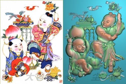 浮雕图 精雕图 灰度图 二童子送寿