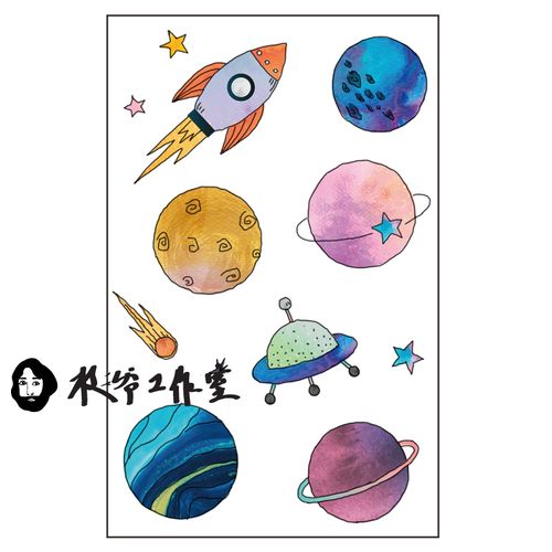 枝爷淘气小行星纹身贴火箭飞船飞碟陨石火星土星水星星球防水持久