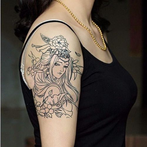 割线虞姬线条刺青色艺妓花臂纹身贴貂蝉滴泪艺伎纹身防水