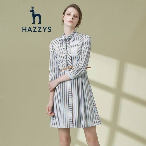 哈吉斯hazzys 2019年春季新款女装九分袖条纹修身连衣裙淑女风aqwsc09