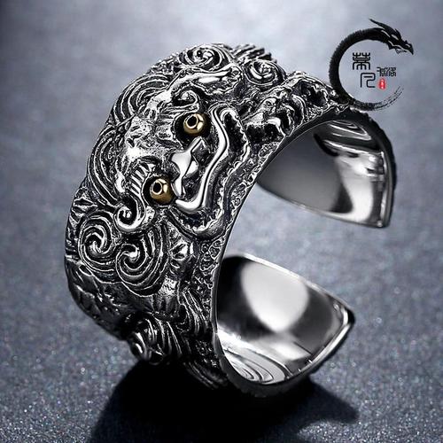复古神兽饕餮925银戒指男潮人指环霸个性开口单身戒食指