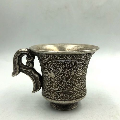古玩杂项收藏大清乾隆年制白铜镀银酒杯雕花酒杯特价包邮