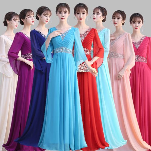 大合唱演出服装女长裙新款成人现代主持人连衣裙中