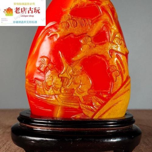 民国老物件珍品收藏红田黄手工高浮雕 泛舟秋水 印章摆件