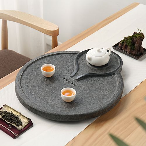 乌金石茶盘圆形茶盘家用简约排水石头茶台小型创意黑金石茶海托盘