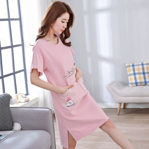 睡裙女士夏季纯棉口袋睡衣学生女薄款家居服韩版甜美连衣裙子短袖
