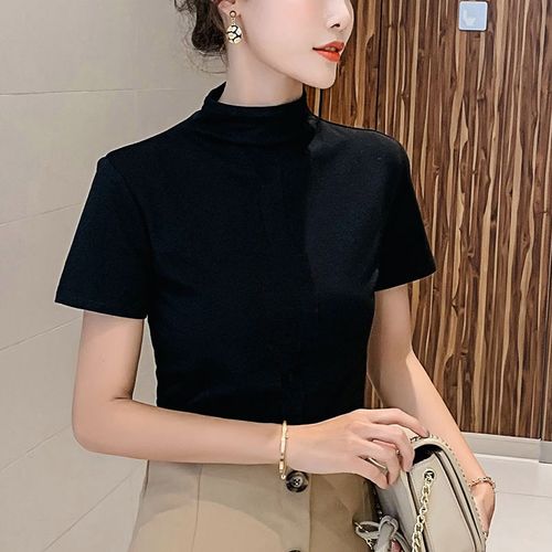 夏天高领上衣女短袖中领薄款韩版修身黑色t恤欧洲站新款立领 黑色 m