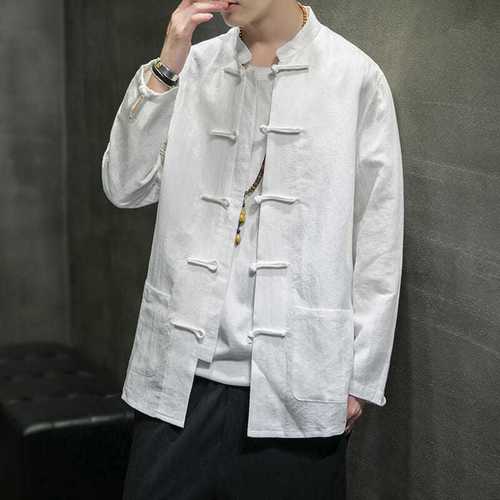 中国风男装亚麻衬衫中山宽松棉麻长袖衬衣春秋复古风中式唐装上衣