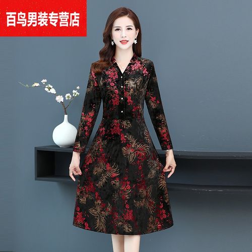 带领子的长袖连衣裙中老年女装2021春秋新款金丝绒长袖连衣裙中长款