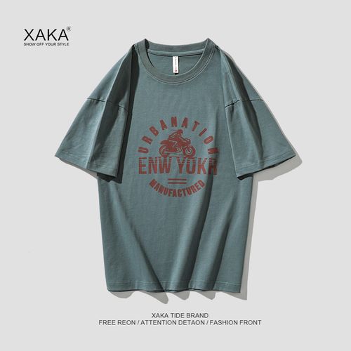 xaka夏季新品宽松休闲落肩圆领t恤男简约百搭ins纯棉情侣印花短袖