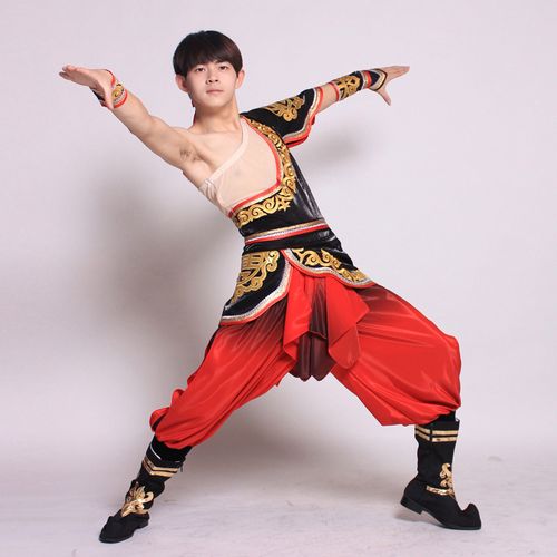 2021年赛男装蒙古舞藏族舞表演出服装男生男士大草原筷子舞红色
