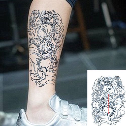 割线象神纹身贴铃铛花臂男女防水线条大象手臂腿部持久仿真刺青色