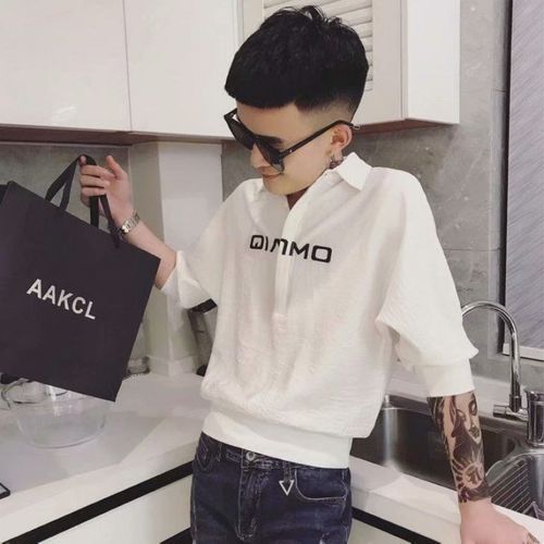 夏季短袖衬衣男快手社会小伙快手网红同款发型师五分袖修身衬衫男 前