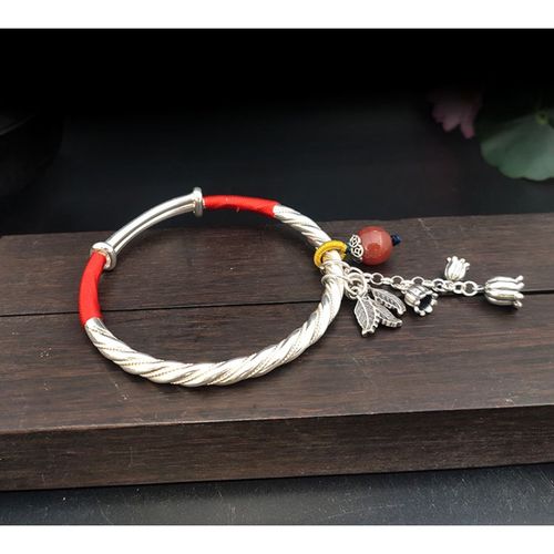 珊诗丽999麻花银手镯实心手工编织吊坠中国风镯子手环白玉葫芦铃兰