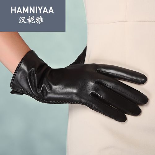hamniyaa 触屏手套女式皮手套加绒加厚保暖山羊皮手套