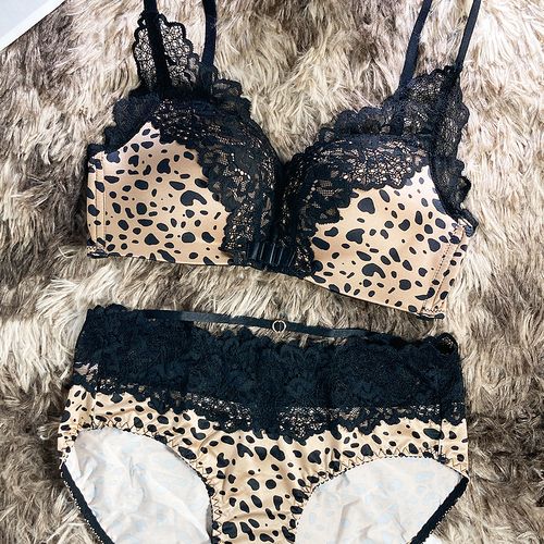 女式性感蕾丝边无钢圈小胸聚拢前扣美背上托豹纹内衣