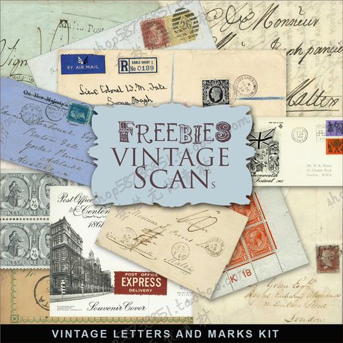 p0130高清ps设计素材 欧美复古明信片信封邮票图案模板png免抠图