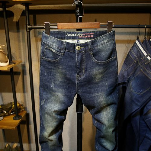 jussaralee牛仔裤男冬季厚款男装修身青年紧身复古色弹力长裤韩版潮