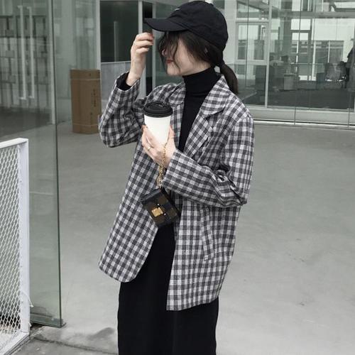 韩版秋小个子网红chic宽松休闲复古格子小西装女学生薄款西服外套sn