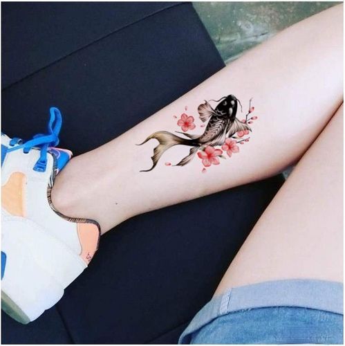 中国风梅花鲤鱼半臂纹身贴防水男女持久仿真小腿手臂