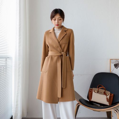2022秋冬新款女系带简约毛呢外套驼色双面羊绒中长款西装领大衣潮