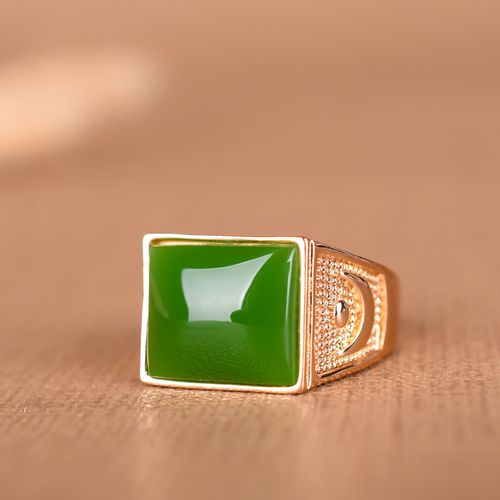 和田玉碧玉方形戒指 925银镶嵌玉石戒指男款银镶玉指环活口可调节