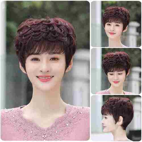 真发假发套女士短发微卷自然中老年真人发丝妈妈款全头套奶奶发型
