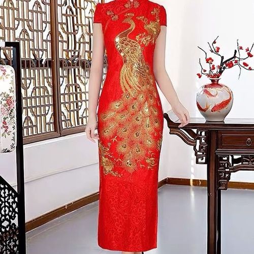 新娘旗袍女装2021新潮长款大码正红礼仪迎宾中式大红