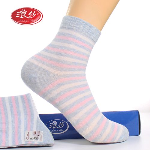 6双浪莎女袜子春秋中筒袜100%纯棉日系条纹全棉防臭袜冬季厚棉袜