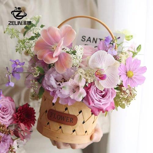 日式蕾丝木片小花篮韩式木片圆形提手花篮手工编织木质花篮包邮