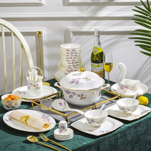 景德镇骨家用瓷组合高档轻奢餐具金枝玉叶金边餐具套装