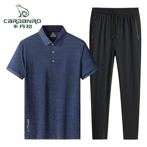 卡丹路夏季男士休闲套装薄款冰丝透气运动装翻领短袖长裤两件套装