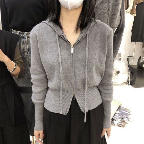 质感好 秋冬新款纯色双拉链连帽卫衣休闲纯色针织开衫毛衣外套